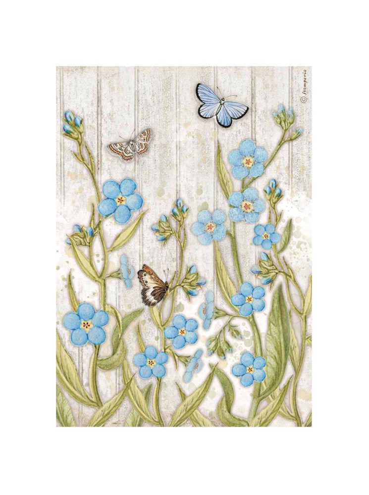 Blue Flowers and Butterfly - Collection "Romantic Garden House" - Feuille de riz -  Stamperia