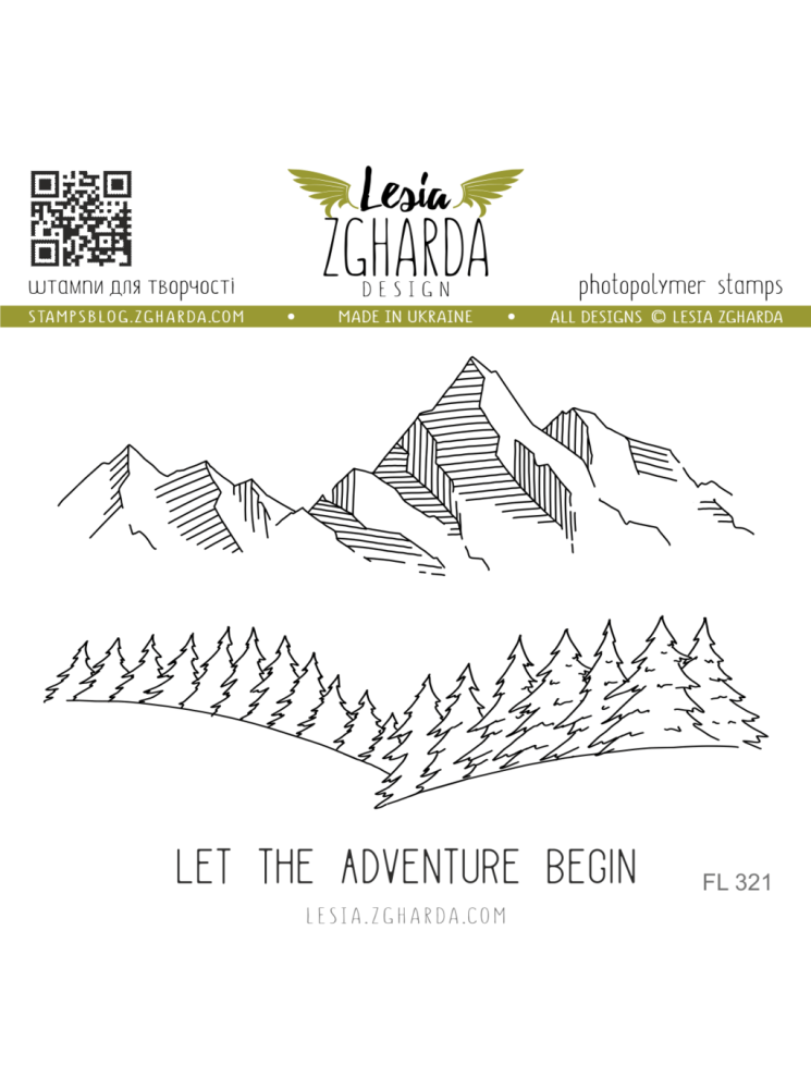 Mountains, Christmas trees, and the sentiment "Let the adventure begin" - Tampon clear - Lesia Zgharda