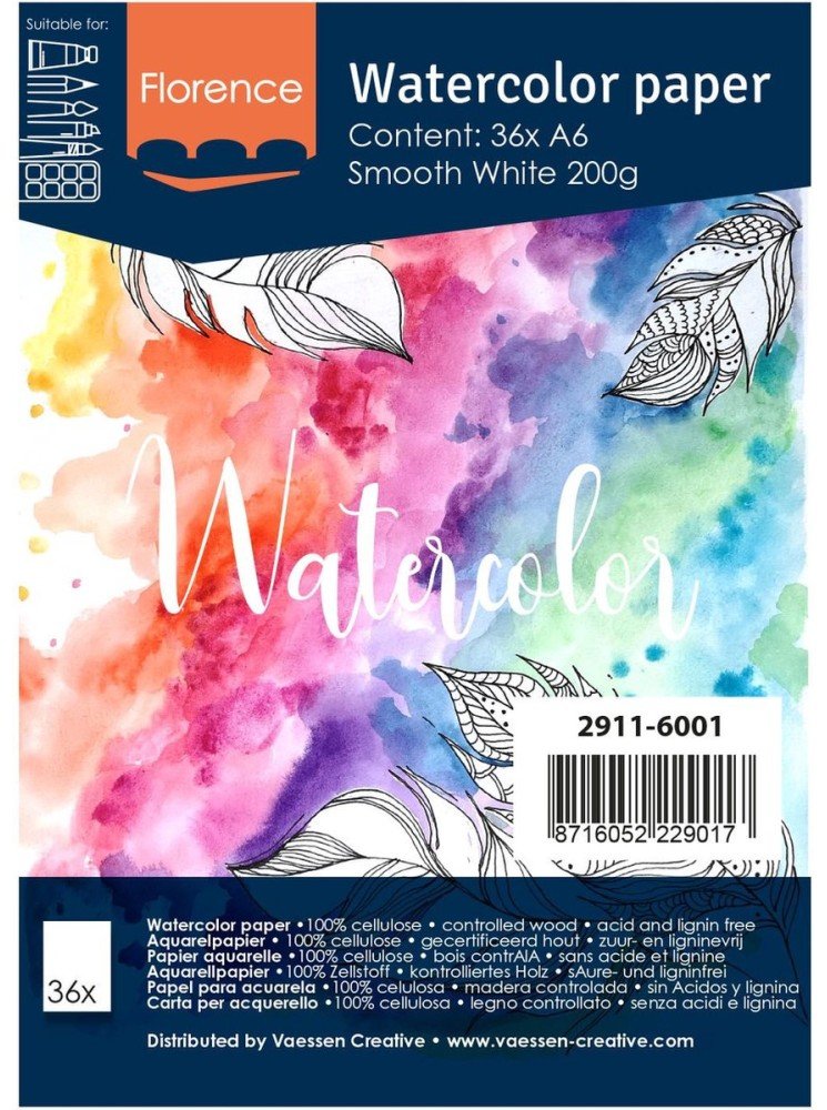 Bloc 36 papiers aquarelle - Blanc lisse - 200 gr - A6 - Vaessen