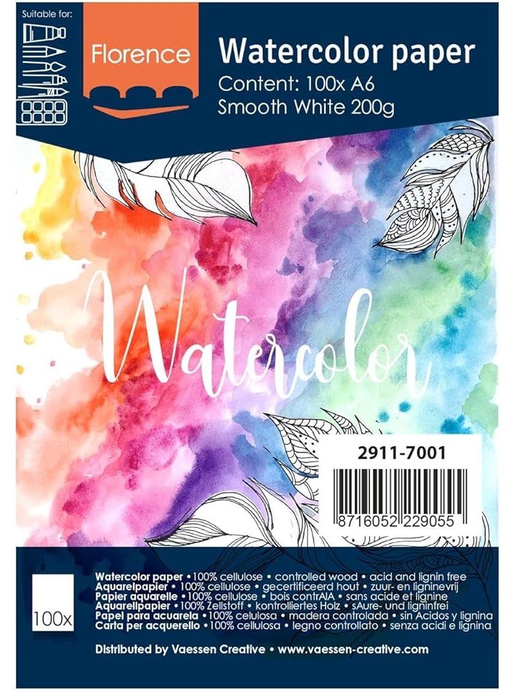 Bloc 100 papiers aquarelle - Blanc lisse - 200 gr - A6 - Vaessen