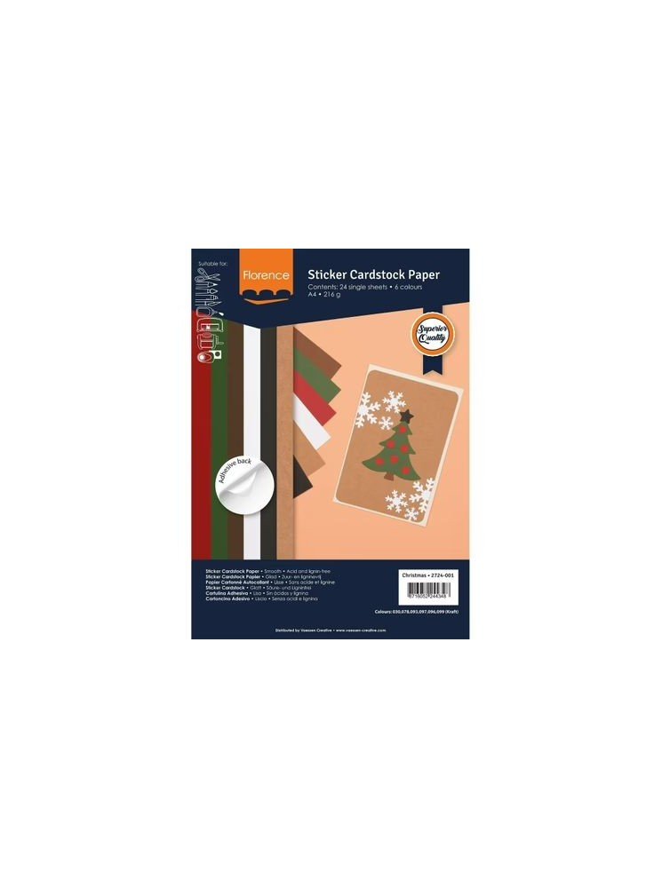 Pack de papiers cartonnés lisses autocollants A4 - Christmas - Florence - Vaessen Creative