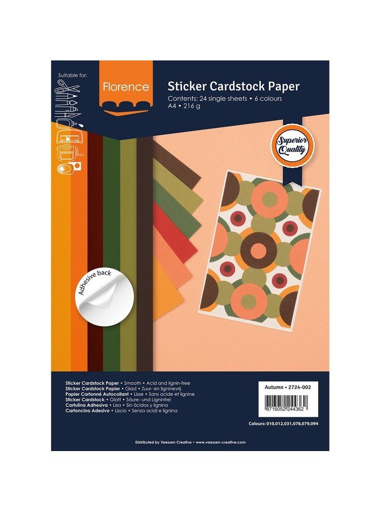 Pack de papiers cartonnés lisses autocollants A4 - Autumn - Florence - Vaessen Creative