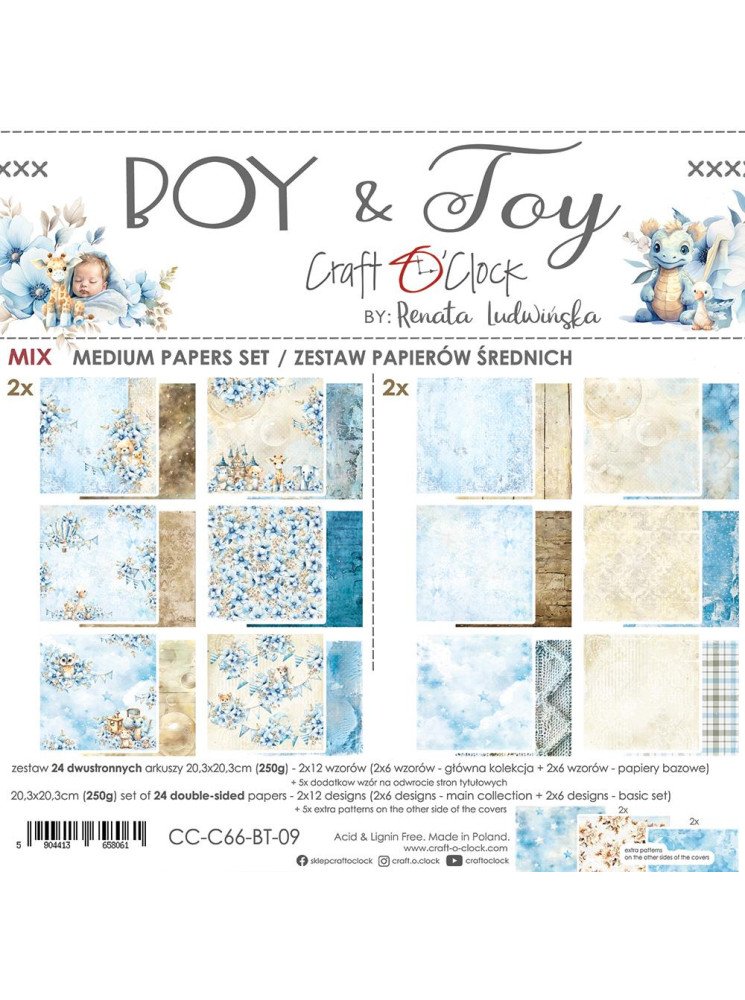 Pack papiers 20 x 20 cm - Mix imprimés + basics - Collection "Boy & Toy" - Craft O'Clock