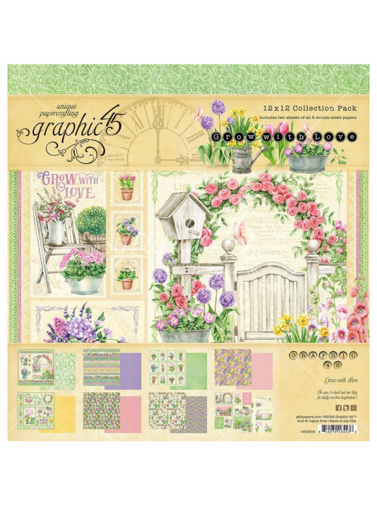 set de 16 papiers imprimés double face - graphic 45 - grow with love