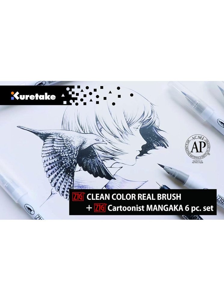 Set de 5 Clean Color Real Brush + 1 marqueur noir 001 permanent - Mangaka - Kuretake