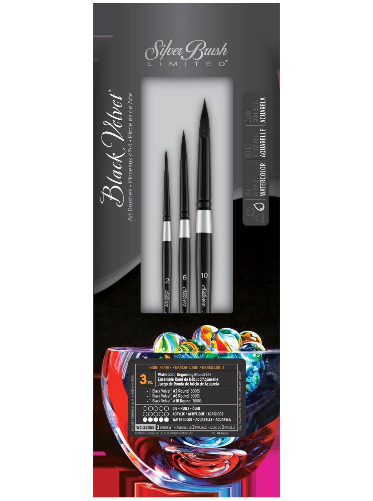 Set de 3 pinceaux ronds , manche court - Silver Brush Limited - Black Velvet
