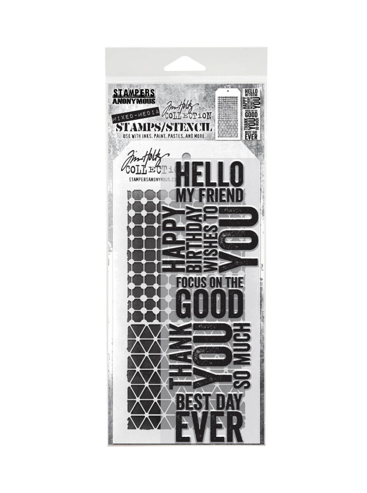 Combo Stencil + Tampons clear - Bold Sayings Grid Dots & Diamonds - Tim Holtz - Stampers Anonymous