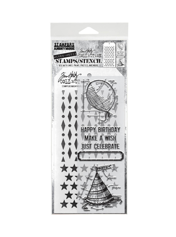 Combo Stencil + Tampons clear - Birthday, Diamond Dot and Stars - Tim Holtz - Stampers Anonymous
