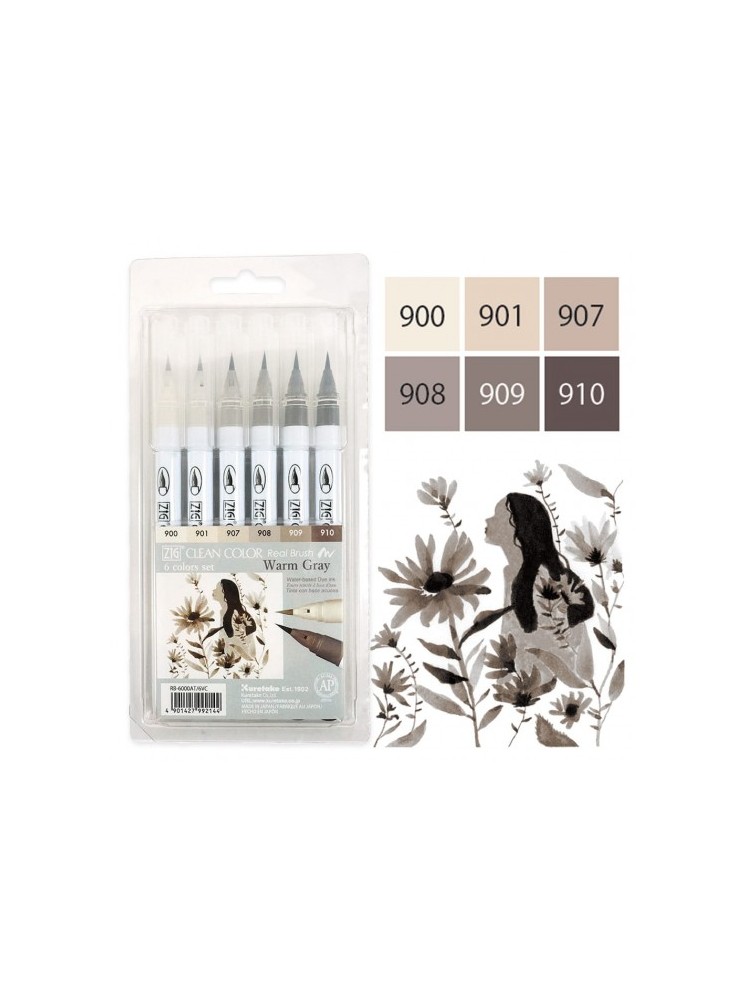 Set de 6 Clean Color Real Brush - Warm Gray - Kuretake